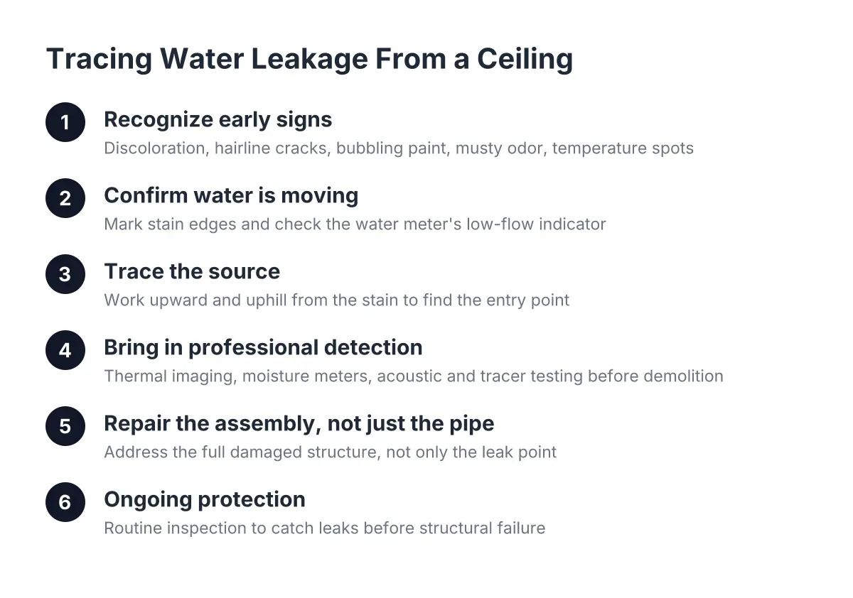Steps for diagnosing and repairing water leakage from ceiling sources